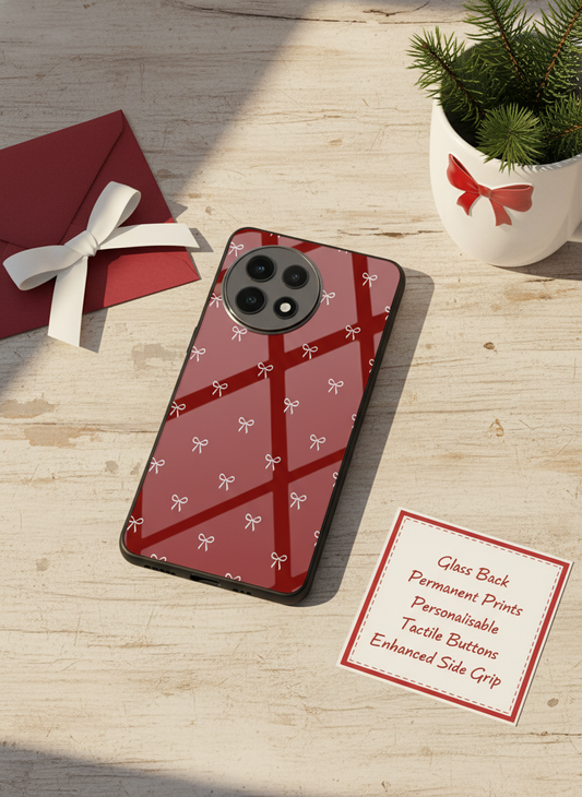 Red Bow Beaut Premium Glass Back Cover For One Plus 13, 12, 11, 10, Nord Series