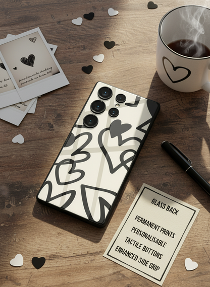 Black Heart Beut Premium Glass Back Cover For Galaxy S, A, M & F Series