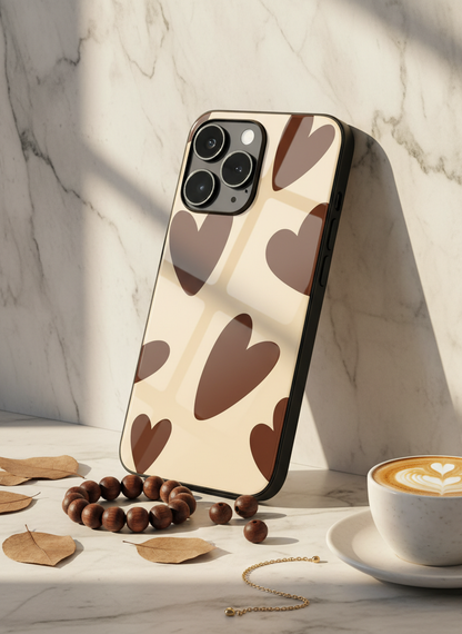 Chocolate Hearts Premium Glass Back Cover For iPhone 11-17 Models