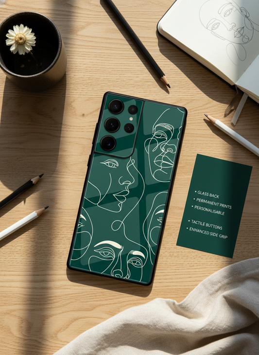 Line Art Lady Premium Glass Back Cover For Galaxy S, A, M & F Series