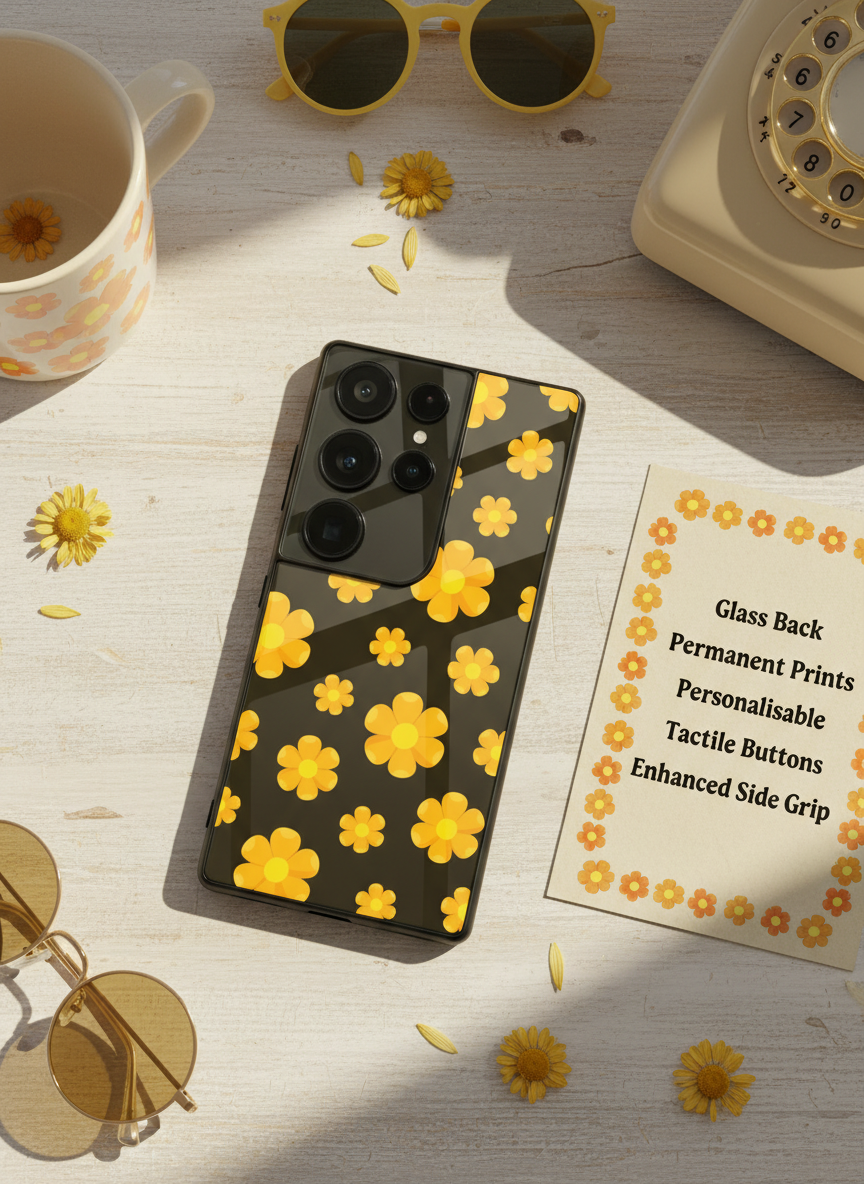 Daisy Yellow Premium Glass Back Cover For Galaxy S, A, M & F Series
