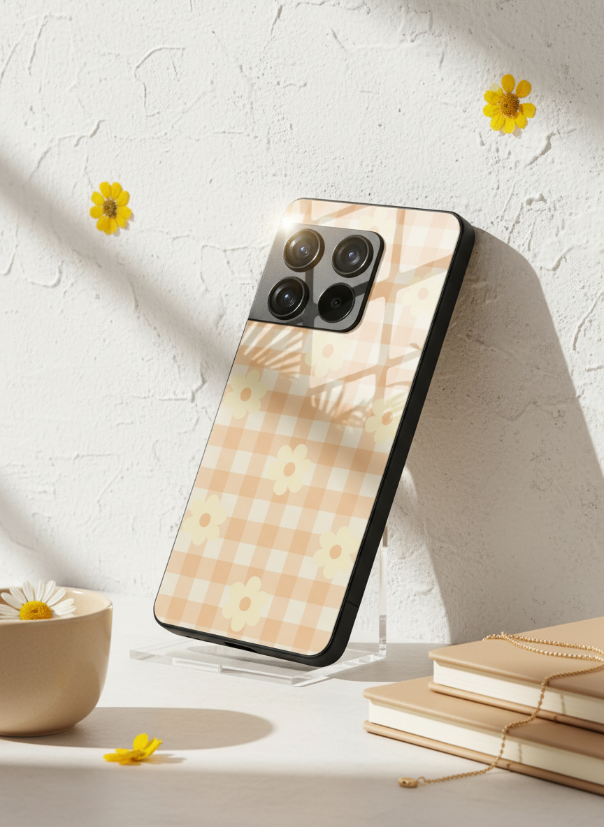 Nude Floral Checks Glass Back Cover For One Plus 13, 12, 11, 10, Nord Series