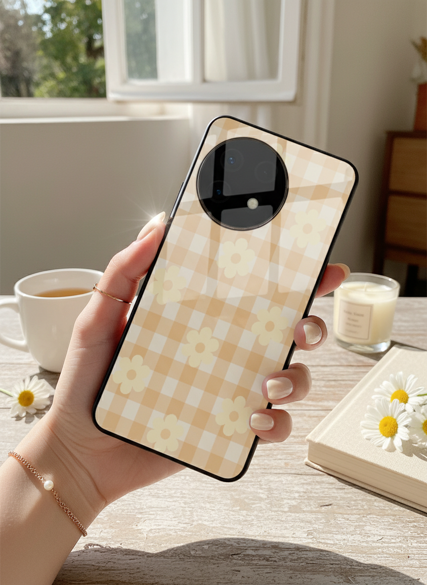 Nude Floral Checks Glass Back Cover For One Plus 13, 12, 11, 10, Nord Series
