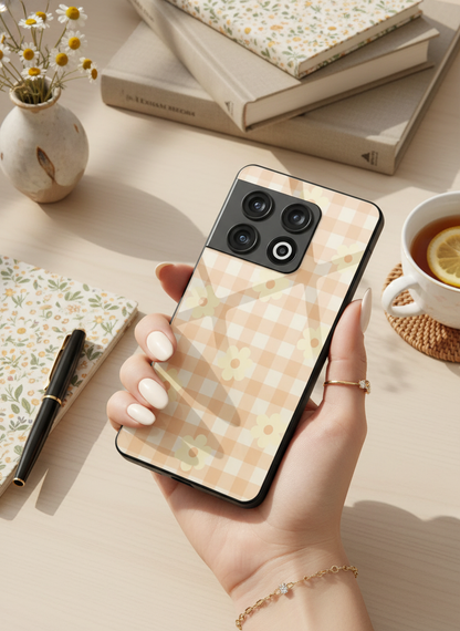 Nude Floral Checks Glass Back Cover For One Plus 13, 12, 11, 10, Nord Series