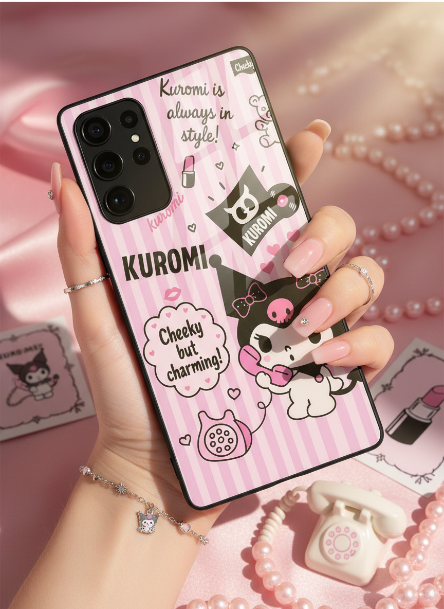 Kuromi Cat Premium Glass Back Cover For Galaxy S, A, M & F Series