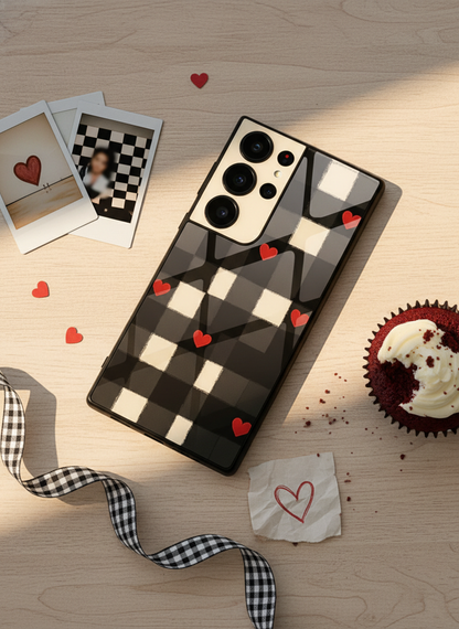 Checkered Hearts Premium Glass Back Cover For Galaxy S, A, M & F Series