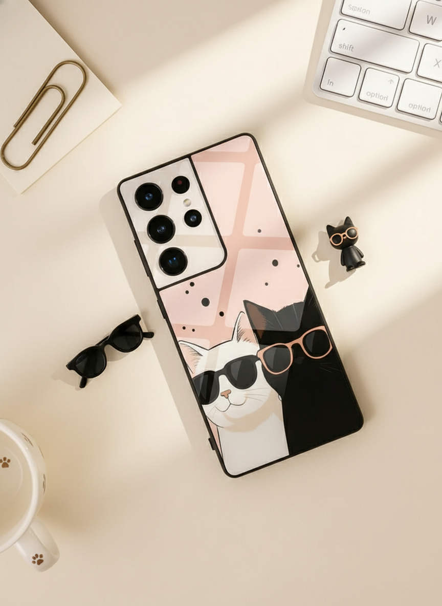 Cool Cats Premium Glass Back Cover For Galaxy S, A, M & F Series