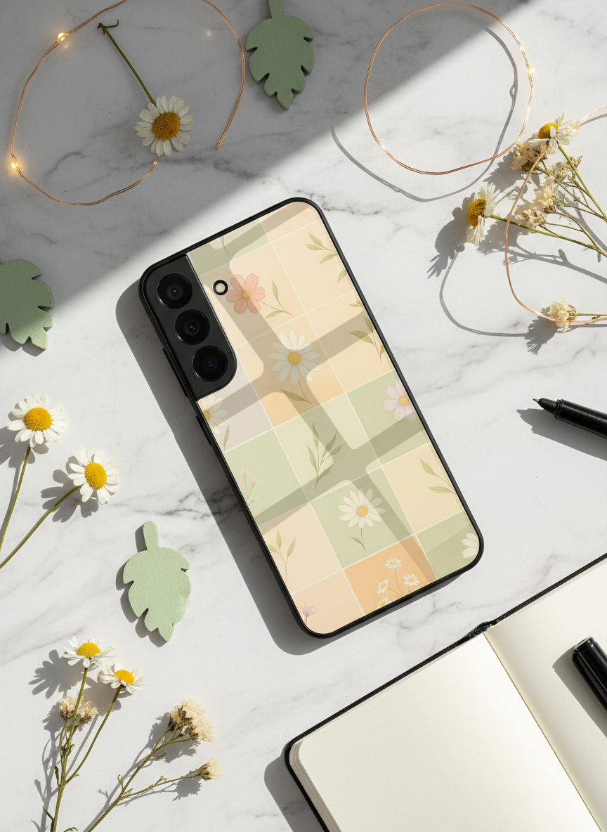 Sage Check Premium Glass Back Cover For Galaxy S, A, M & F Series