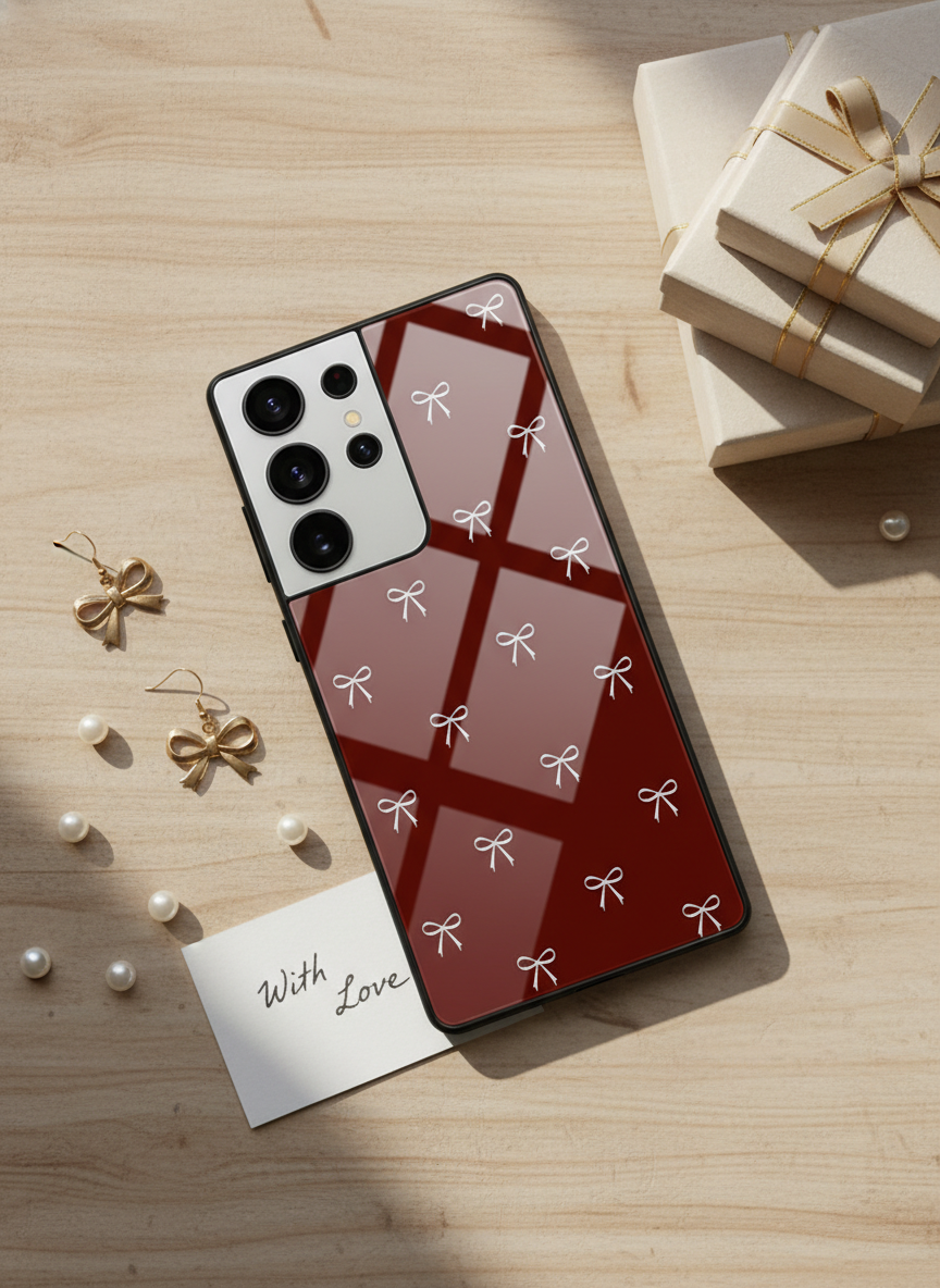 Red Bow Beaut Premium Glass Back Cover For Galaxy S, A, M & F Series