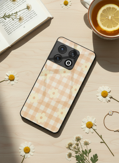 Nude Floral Checks Glass Back Cover For One Plus 13, 12, 11, 10, Nord Series