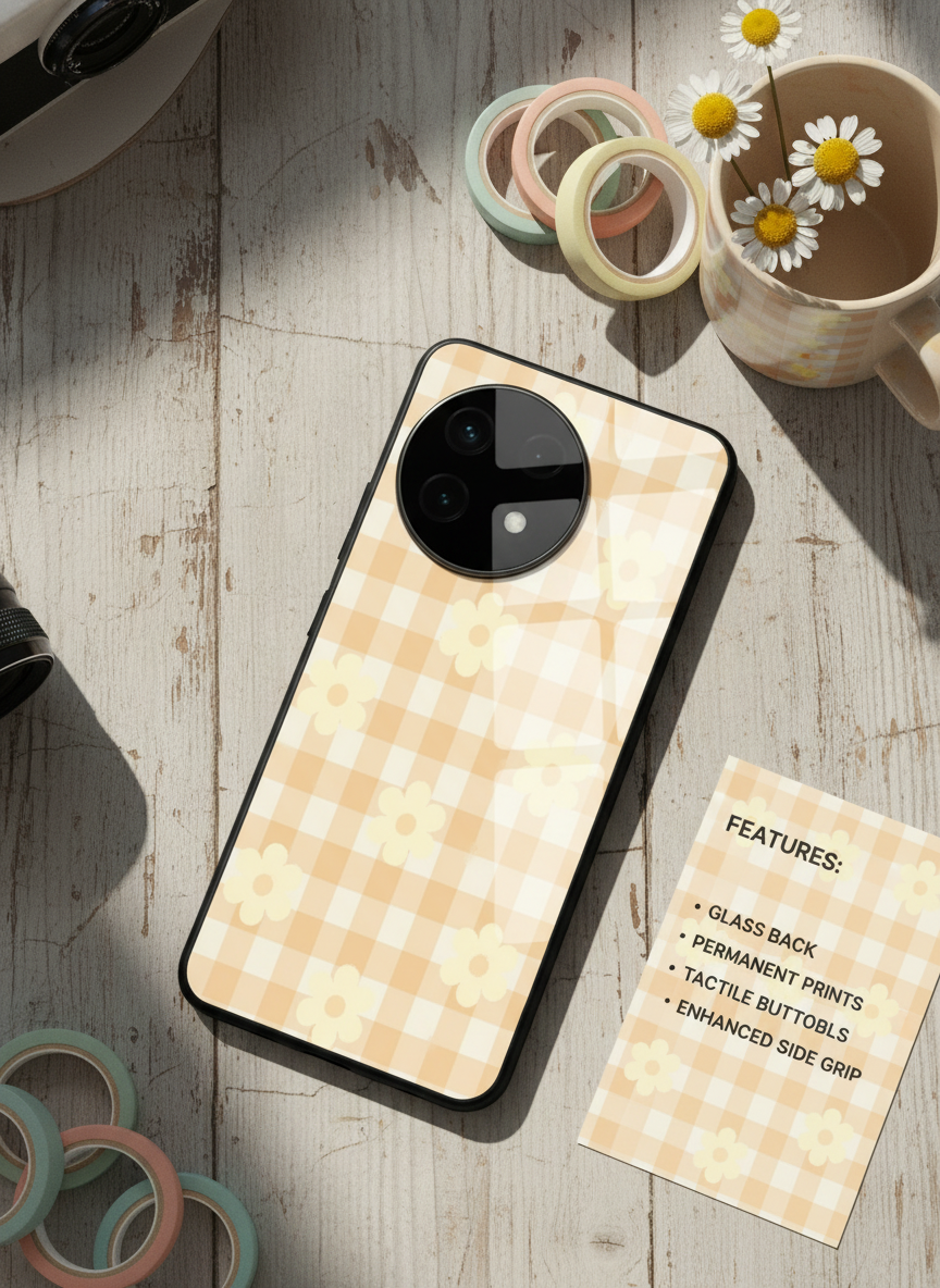 Nude Floral Checks Glass Back Cover For One Plus 13, 12, 11, 10, Nord Series