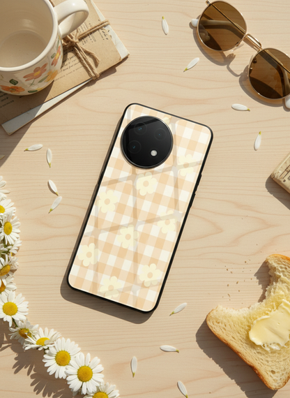 Nude Floral Checks Glass Back Cover For One Plus 13, 12, 11, 10, Nord Series