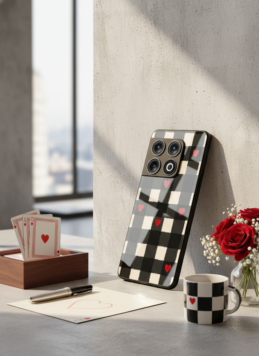 Checkered Hearts Glass Back Cover For One Plus 13, 12, 11, 10, Nord Series