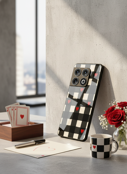 Checkered Hearts Glass Back Cover For One Plus 13, 12, 11, 10, Nord Series