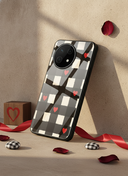 Checkered Hearts Glass Back Cover For One Plus 13, 12, 11, 10, Nord Series