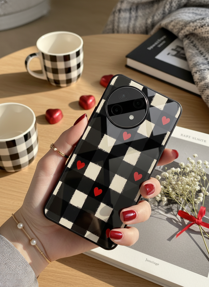 Checkered Hearts Glass Back Cover For One Plus 13, 12, 11, 10, Nord Series