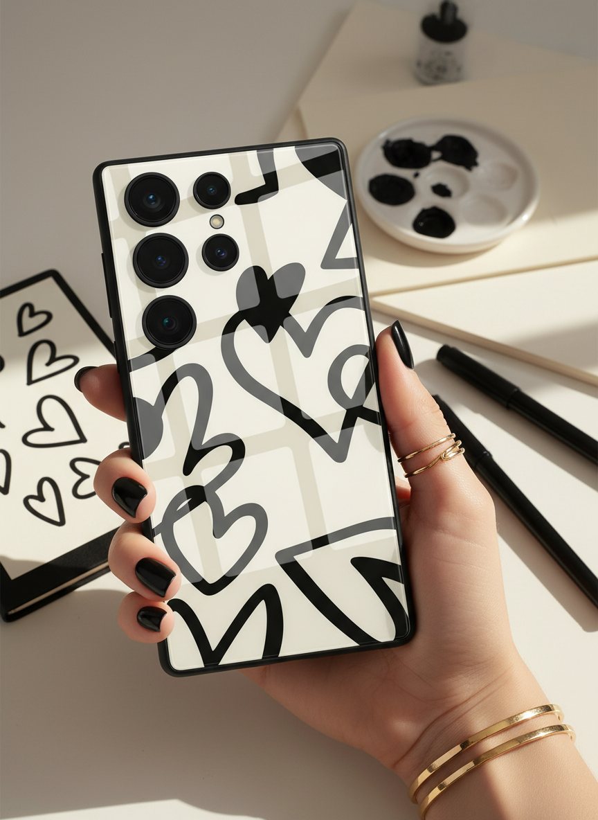 Black Heart Beut Premium Glass Back Cover For Galaxy S, A, M & F Series