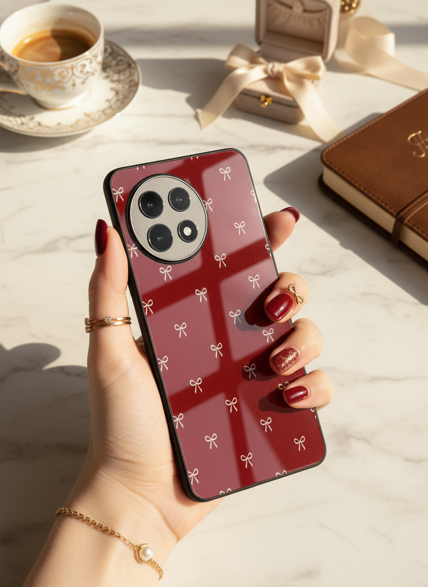 Red Bow Beaut Premium Glass Back Cover For One Plus 13, 12, 11, 10, Nord Series