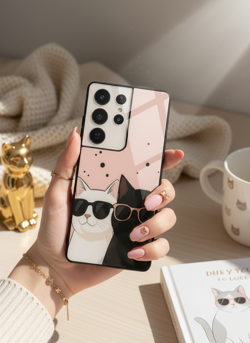 Cool Cats Premium Glass Back Cover For Galaxy S, A, M & F Series