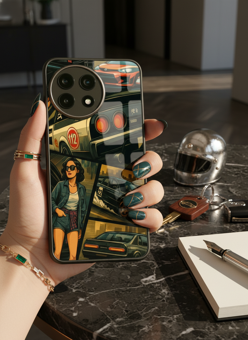 Drag Cars Premium Glass Back Cover For One Plus 13, 12, 11, 10, Nord Series