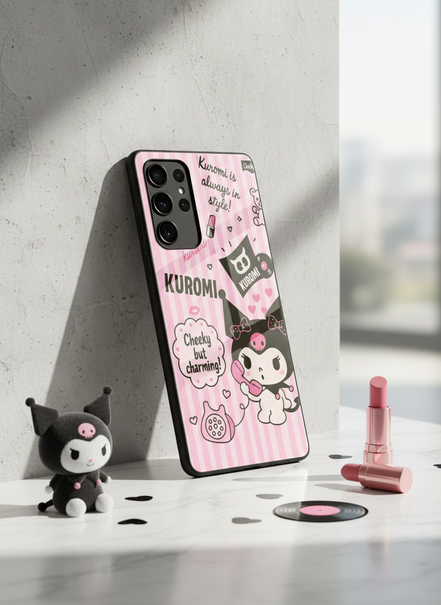 Kuromi Cat Premium Glass Back Cover For Galaxy S, A, M & F Series