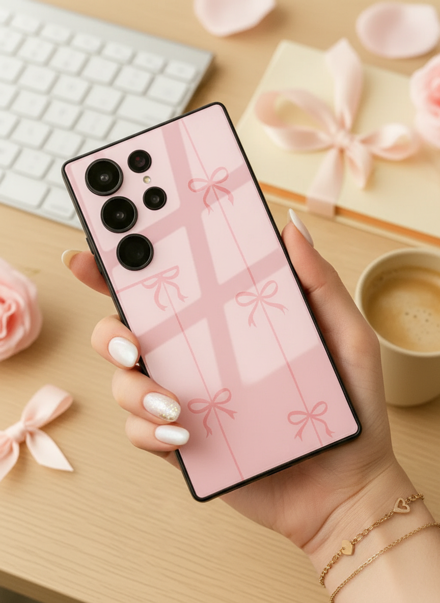 Bows Stripes Premium Glass Back Cover For Galaxy S, A, M & F Series