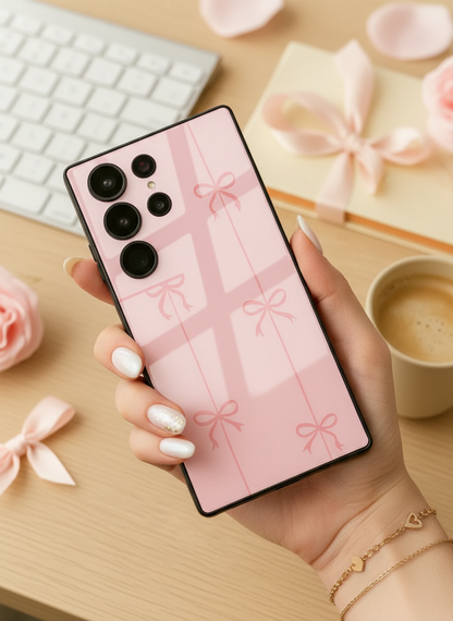 Bows Stripes Premium Glass Back Cover For Galaxy S, A, M & F Series