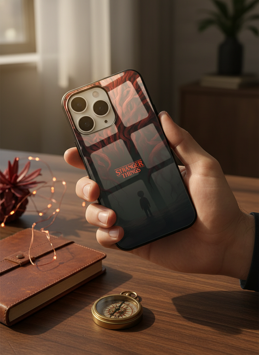 STRANGER THINGS- Stranger Dark Roots Premium Glass Back Cover For iPhone 11-17 Models
