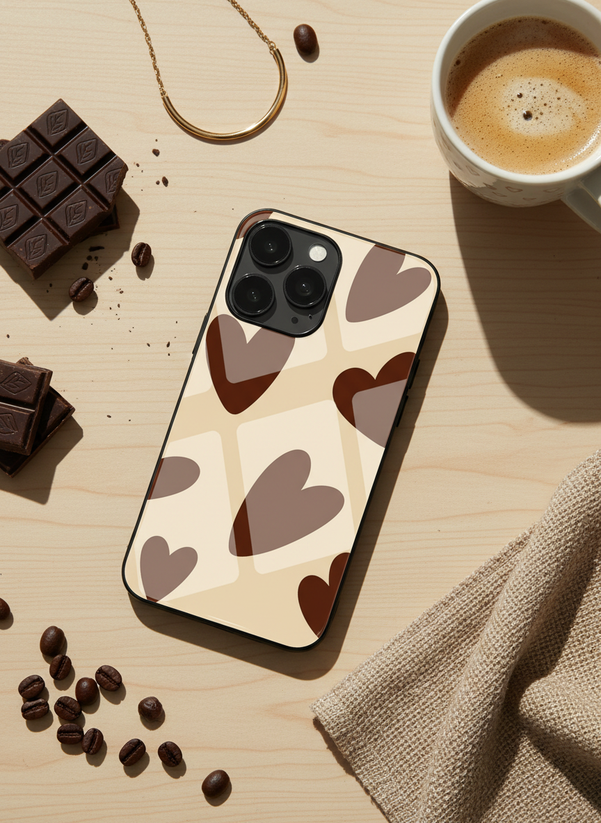 Chocolate Hearts Premium Glass Back Cover For iPhone 11-17 Models