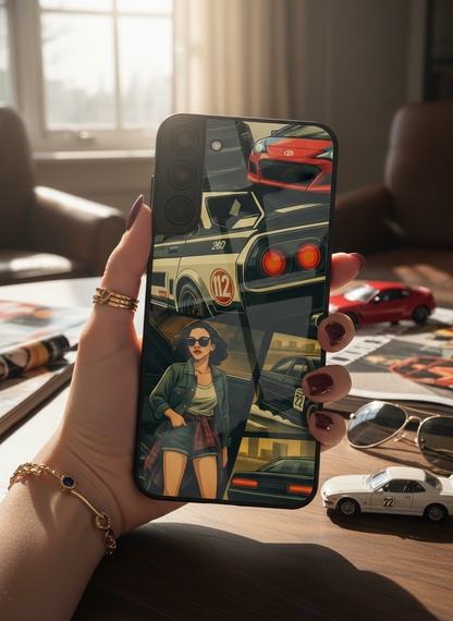 Drag Cars Premium Glass Back Cover For Galaxy S, A, M & F Series