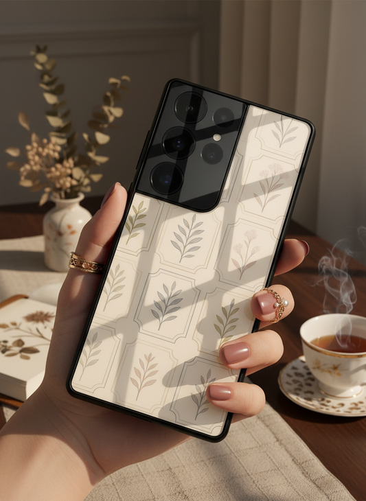 Floral Checks Pattern Premium Glass Back Cover For Galaxy S, A, M & F Series