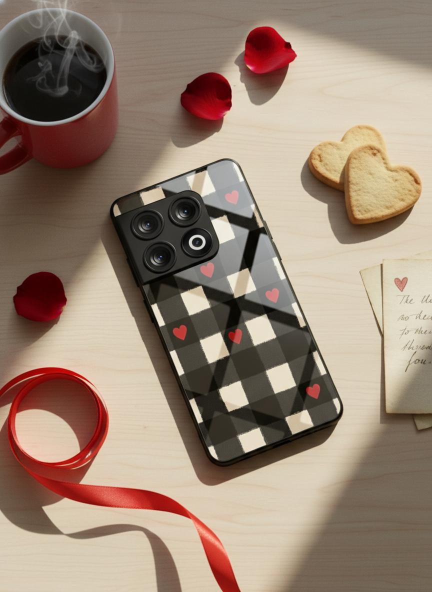 Checkered Hearts Glass Back Cover For One Plus 13, 12, 11, 10, Nord Series