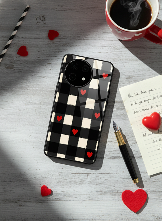 Checkered Hearts Glass Back Cover For One Plus 13, 12, 11, 10, Nord Series