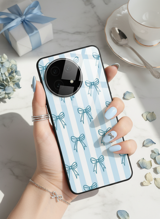 Stripy Blue Bows Premium Glass Back Cover For One Plus 13, 12, 11, 10, Nord Series