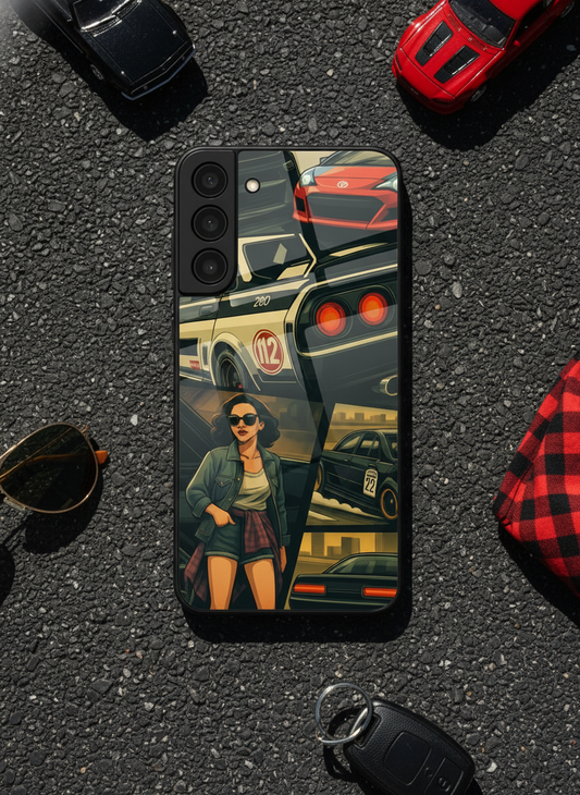 Drag Cars Premium Glass Back Cover For Galaxy S, A, M & F Series
