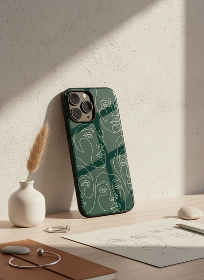 Line Art Lady  Premium Glass Back Cover For iPhone 11-17 Models