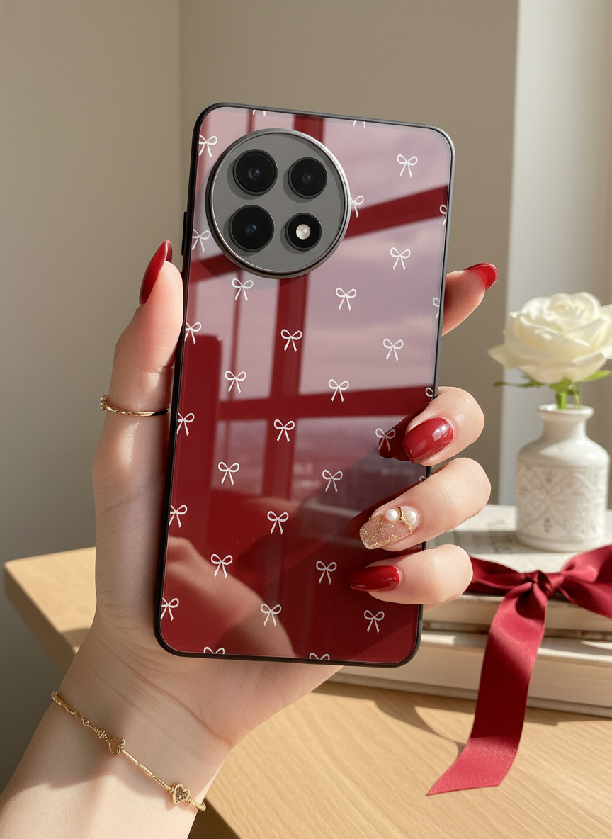 Red Bow Beaut Premium Glass Back Cover For One Plus 13, 12, 11, 10, Nord Series
