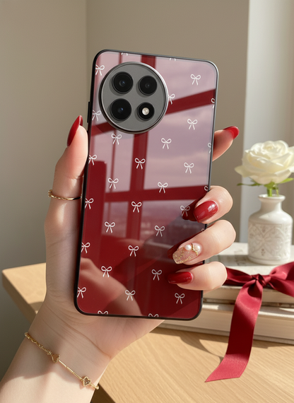Red Bow Beaut Premium Glass Back Cover For One Plus 13, 12, 11, 10, Nord Series