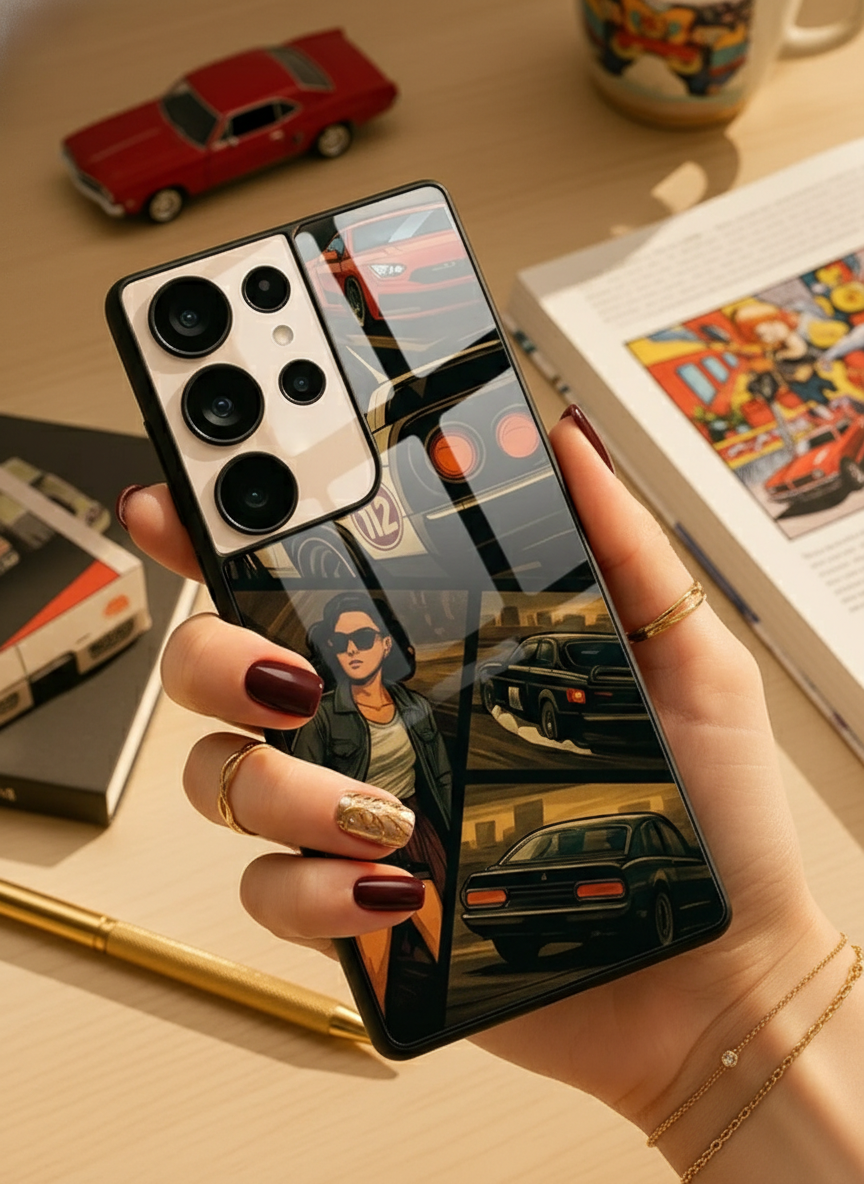 Drag Cars Premium Glass Back Cover For Galaxy S, A, M & F Series
