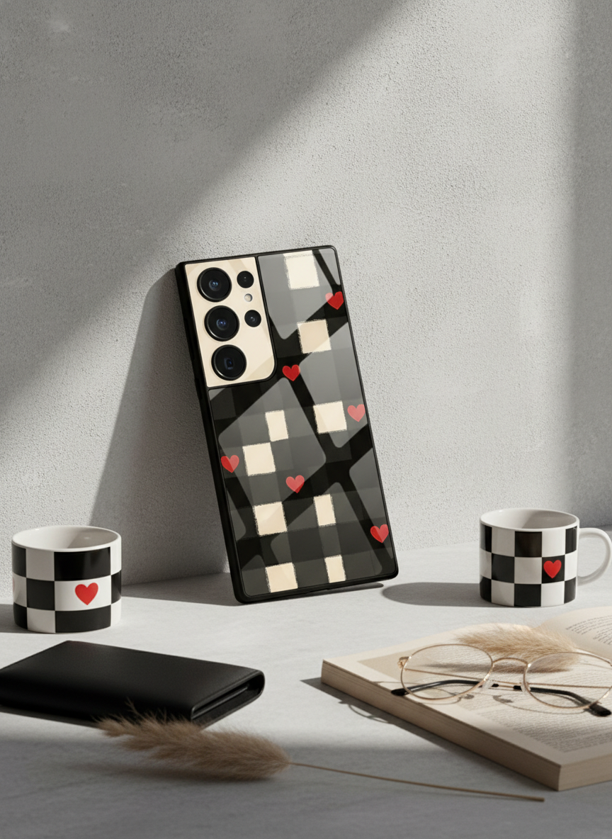 Checkered Hearts Premium Glass Back Cover For Galaxy S, A, M & F Series