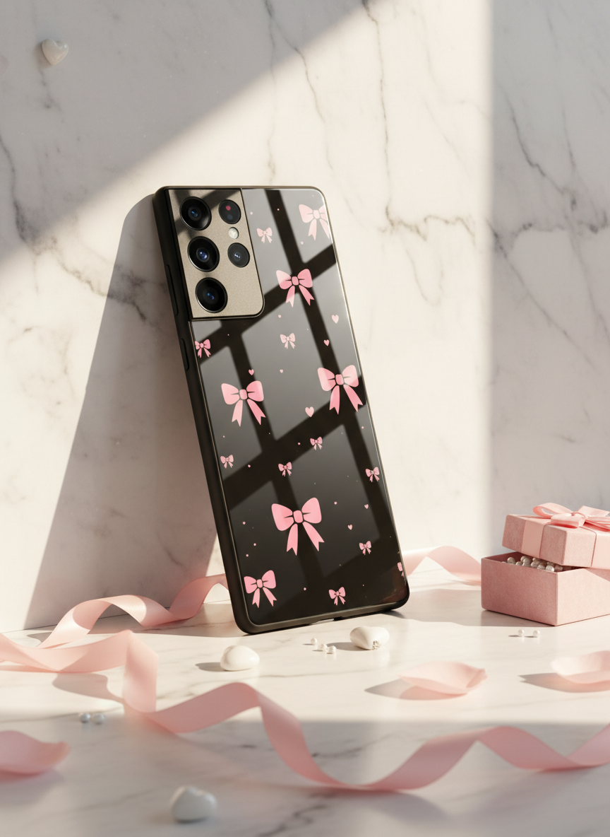 Dark Aesthetic Bows Premium Glass Back Cover For Galaxy S, A, M & F Series