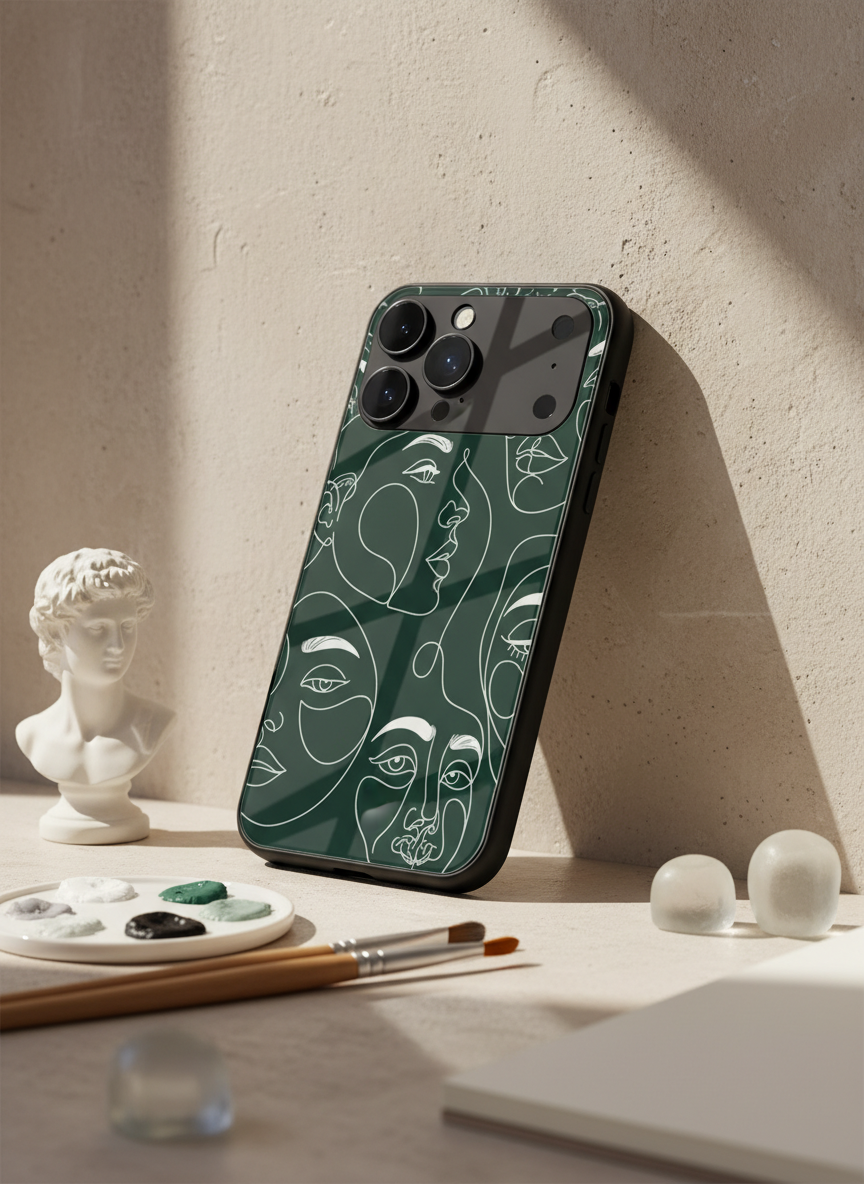 Line Art Lady  Premium Glass Back Cover For iPhone 11-17 Models