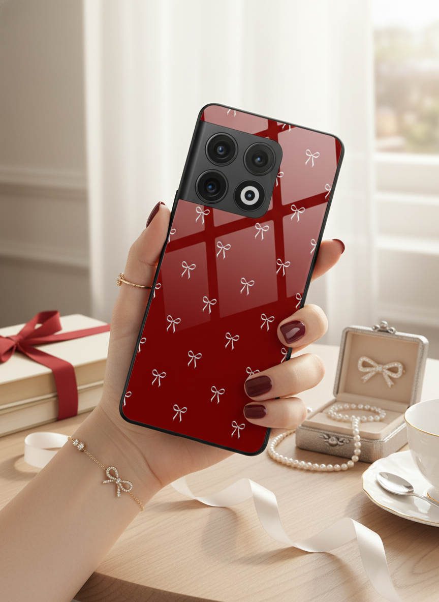 Red Bow Beaut Premium Glass Back Cover For One Plus 13, 12, 11, 10, Nord Series