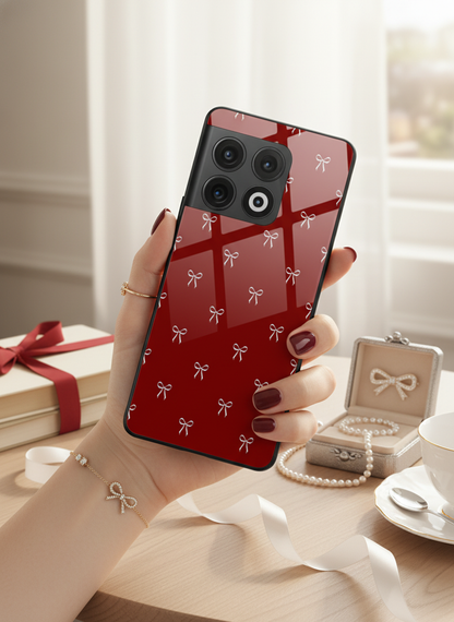 Red Bow Beaut Premium Glass Back Cover For One Plus 13, 12, 11, 10, Nord Series