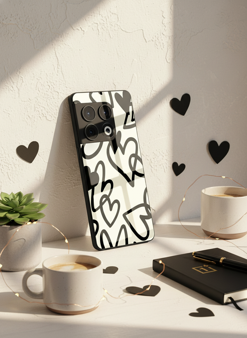 Black Hearts Premium Glass Back Cover For One Plus 13, 12, 11, 10, Nord Series