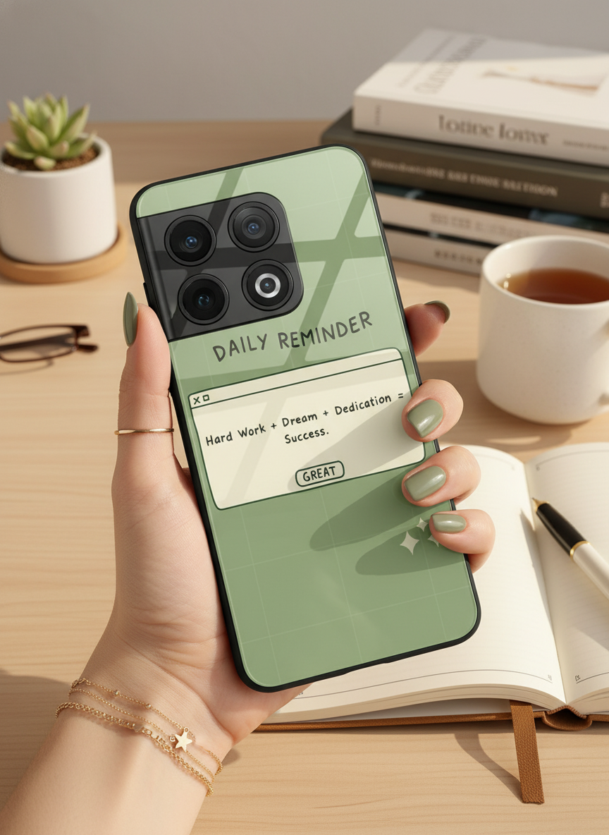 Daily Reminder-Sage Green Premium Glass Back Cover For One Plus 13, 12, 11, 10, Nord Series