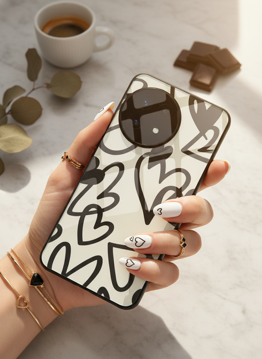 Black Hearts Premium Glass Back Cover For One Plus 13, 12, 11, 10, Nord Series