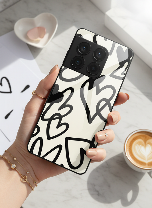 Black Hearts Premium Glass Back Cover For One Plus 13, 12, 11, 10, Nord Series