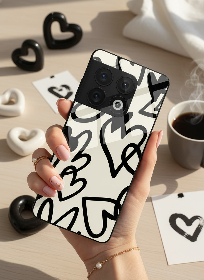 Black Hearts Premium Glass Back Cover For One Plus 13, 12, 11, 10, Nord Series