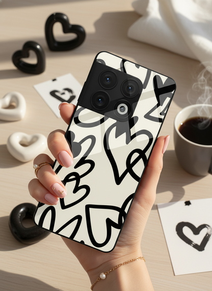 Black Hearts Premium Glass Back Cover For One Plus 13, 12, 11, 10, Nord Series